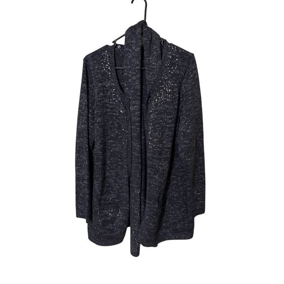 Susan Graver Style Black Open Front Cardigan  Medium with Scarf  Sequins Layerin - Picture 1 of 12